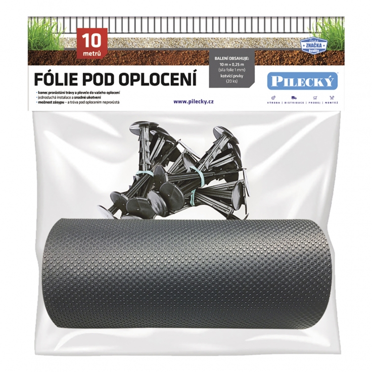 Fólie pod plot 25 cm/10m + 20ks plastových hřebů - SET