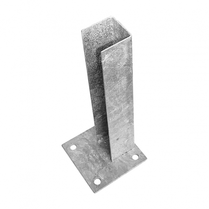 Base plate galvanized for installing the post on a concrete foundation with a 60 x 60 mm profile, eccentric