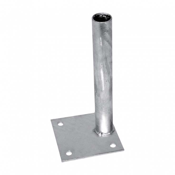 Base plate galvanized for installing the post on a concrete foundation with a diameter of 48 mm, eccentric